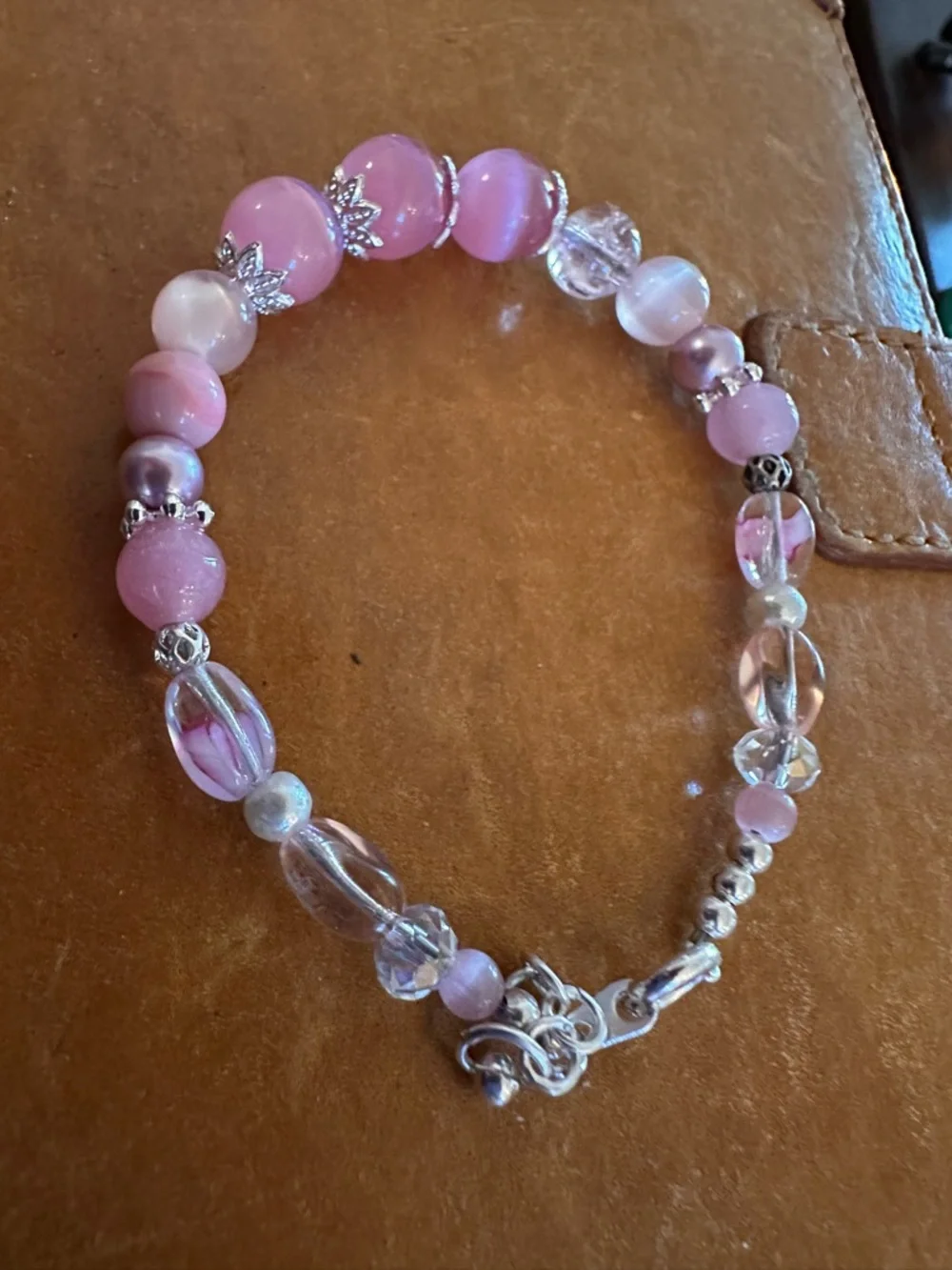 Pink Cat-Eye Beaded Bracelet with Silver Accents - Picture 5 of 8